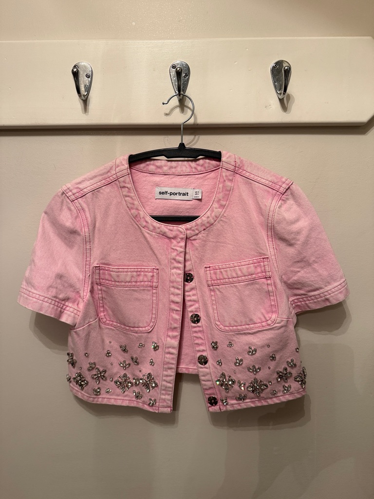 Self-Portrait Pink Embellished Cropped Jean Jacket